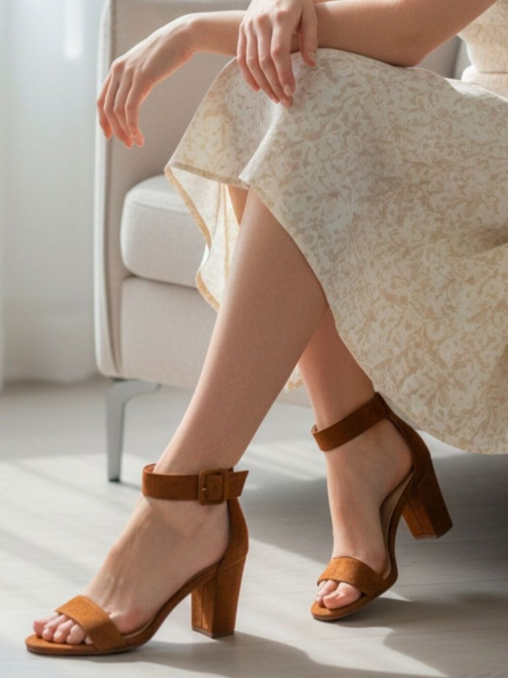 Tan Faux Suede Block Heel Sandals With Adjustable Ankle Strap Open Toe Design Wo